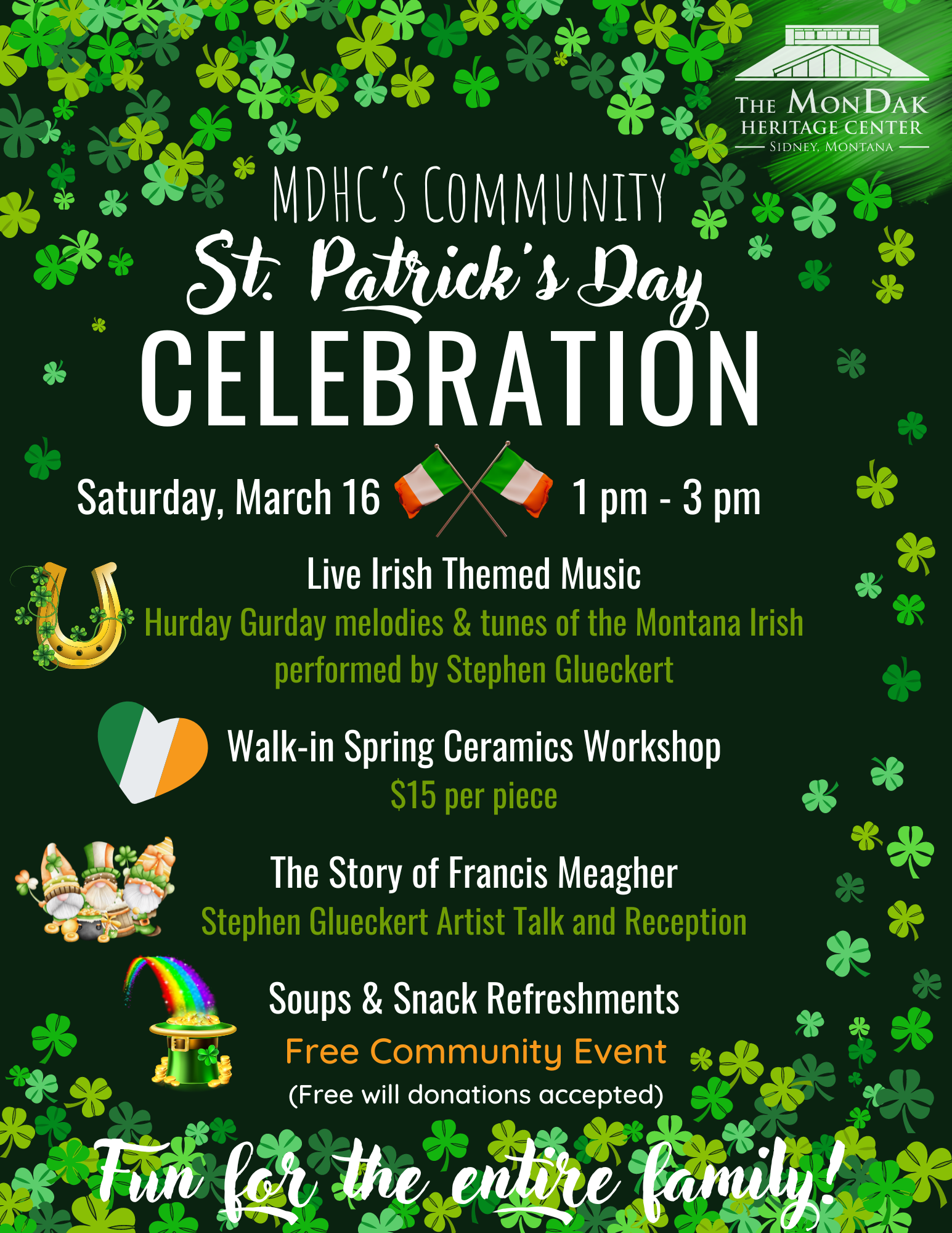 MDHC’s Community St. Patrick’s Day Celebration – Including Walk-In Ceramic’s Class!